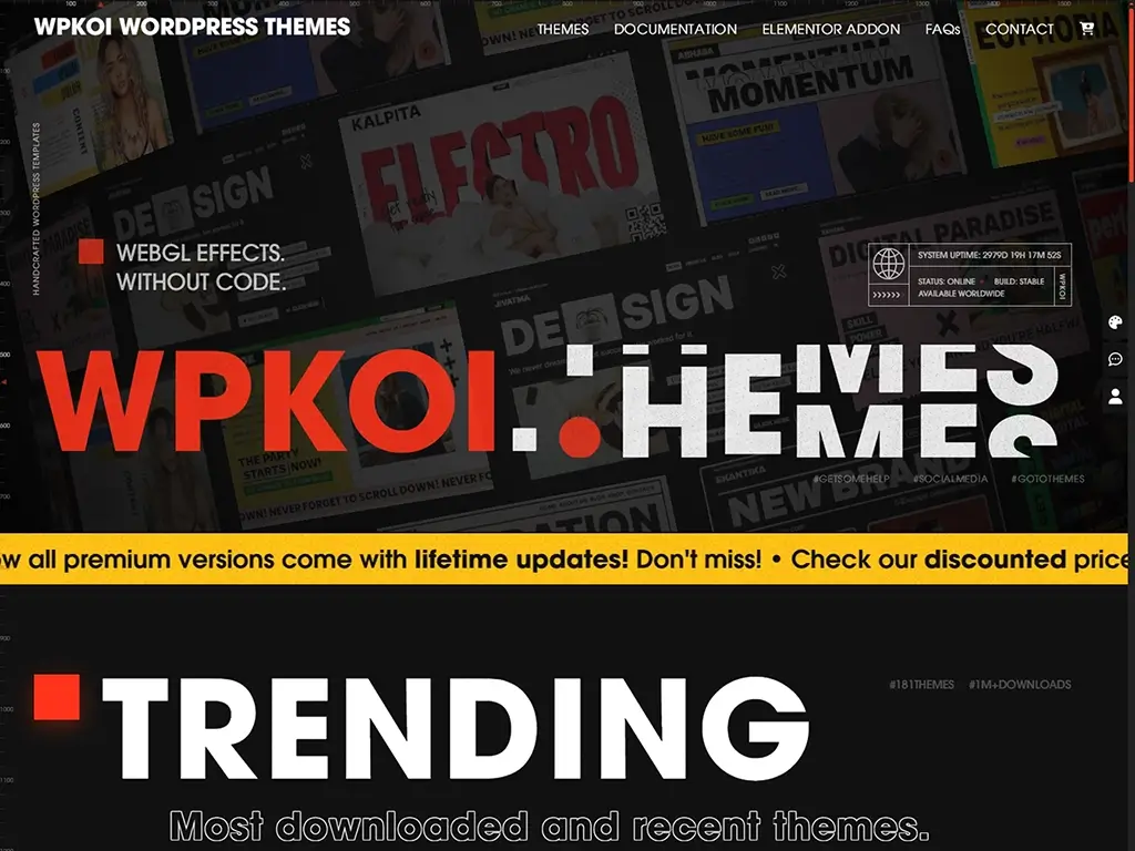 WPKoi home page — WebGL hero with the theme wall behind it
